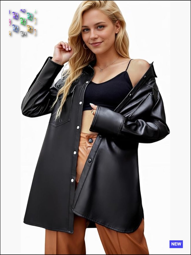 Faux Leather Shacket Jacket Button Down Long Sleeve Relaxed Fit Fall Layering